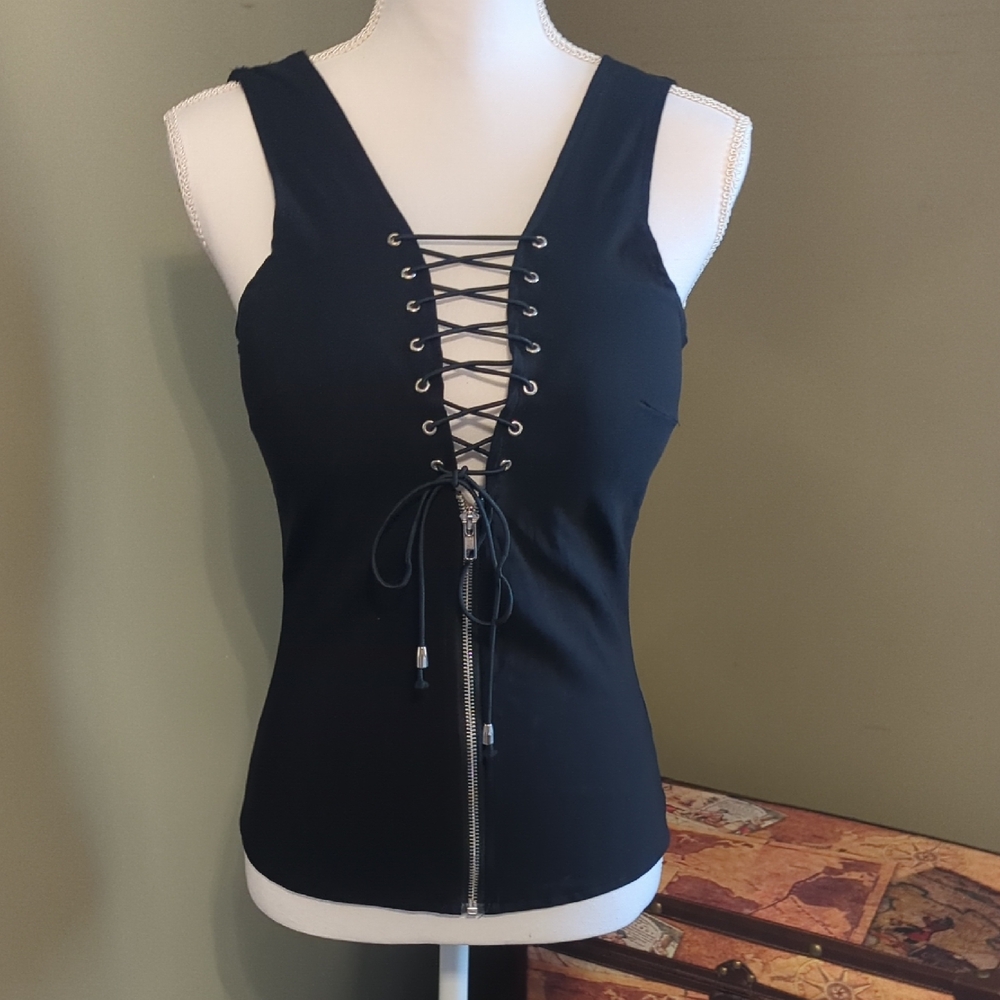 Blue Fitted Tank Top with Tie Front